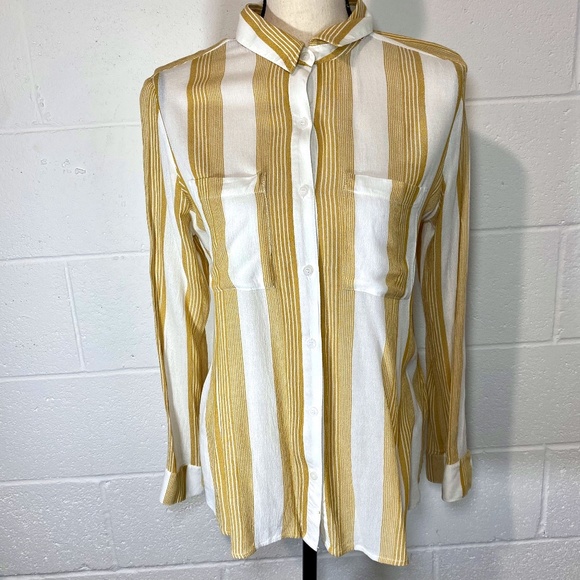 BP Yellow & White Striped Button Down Blouse - Picture 1 of 10